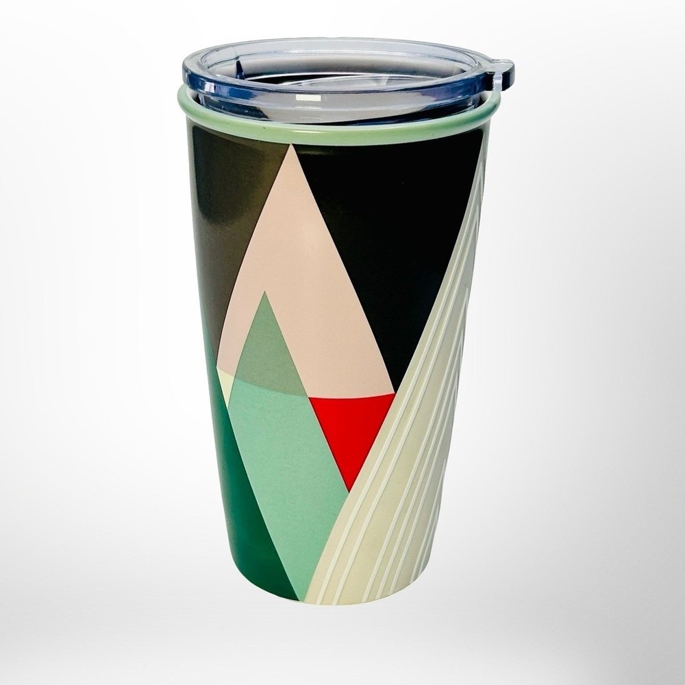 Starbucks Ceramic Tumbler 12 oz Geometric Triangles Mint Green Red Clear Lid